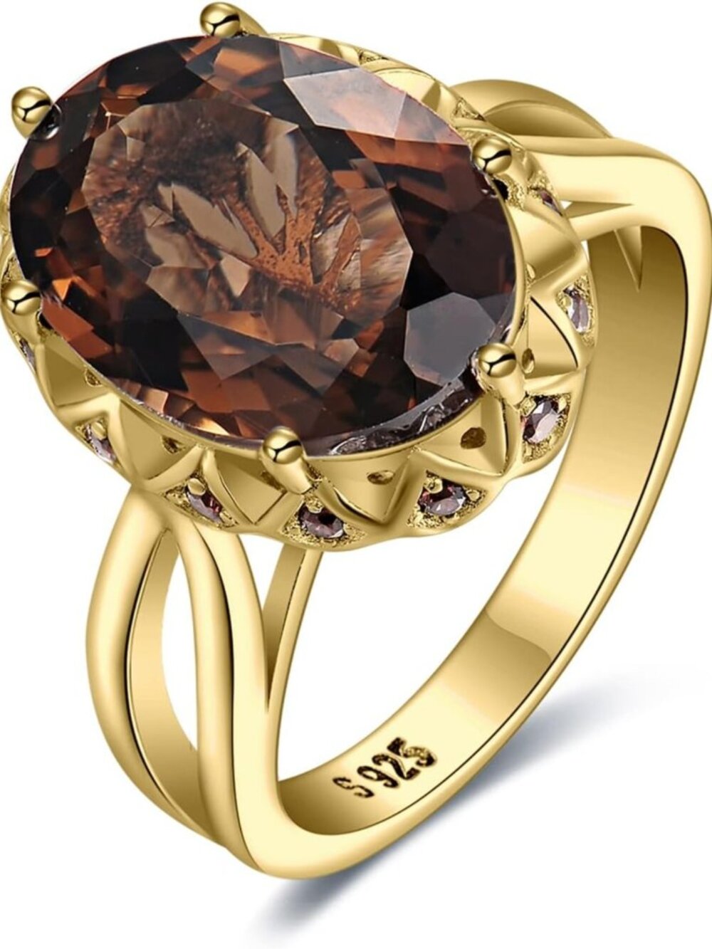 Stunning 5.7ct Smoky Quartz Cocktail Ring, 14K Gold Plated Sterling Silver